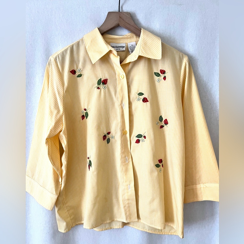 BRECKENRIDGE | Yellow Button Down Checkered Blouse | Fun Summer Strawberries